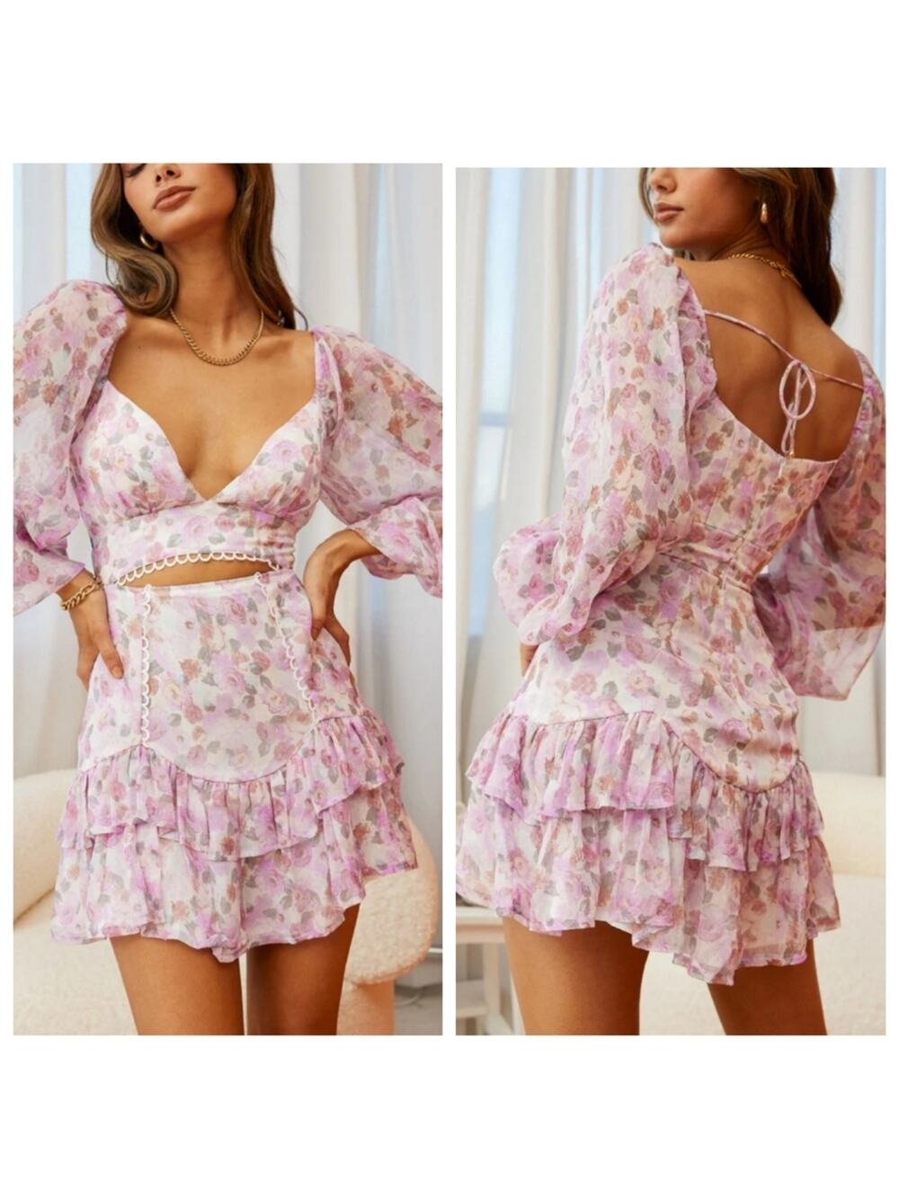 Saints + Secret Floral Puff Sleeve Cut-Out Mini Dress
